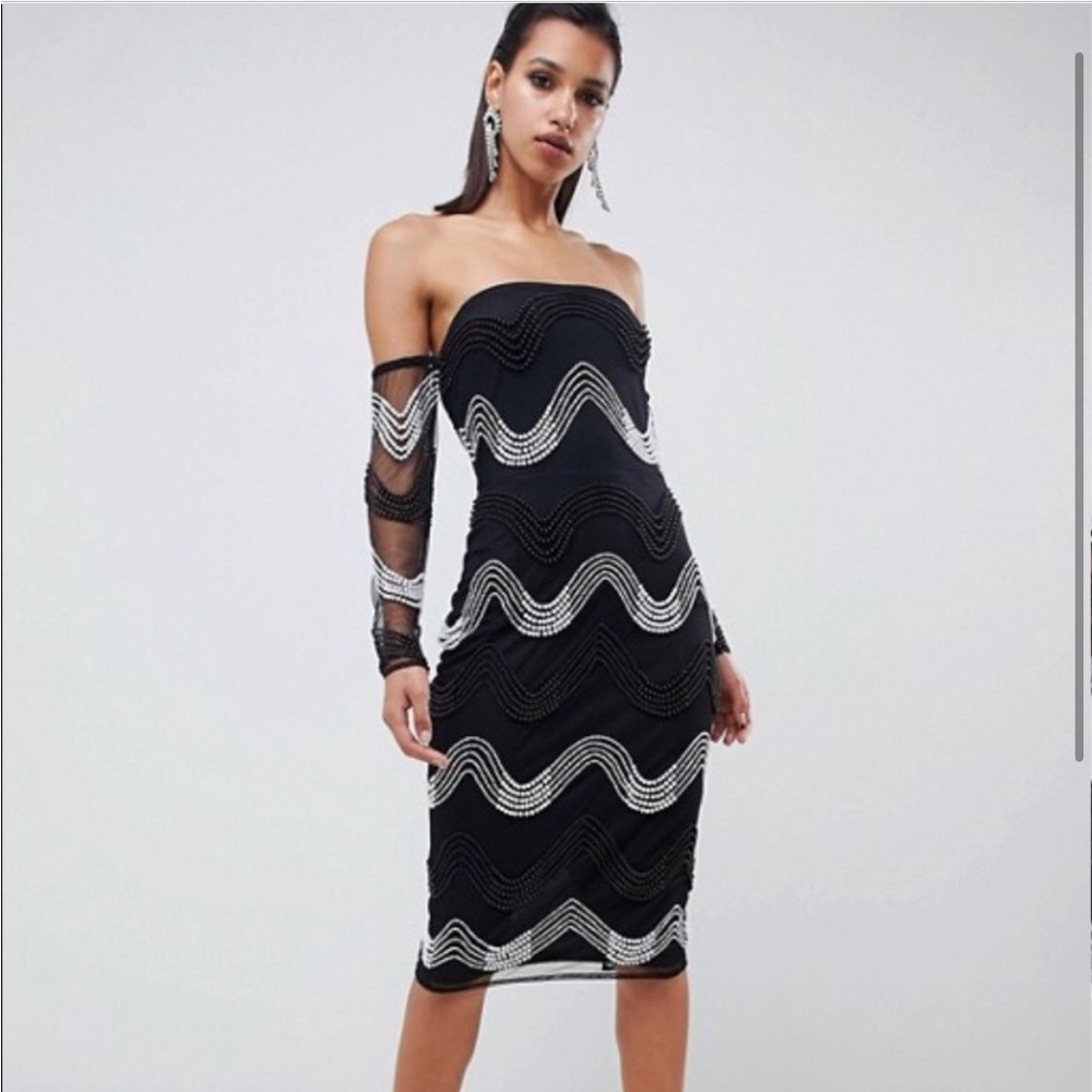 ASOS Black and White Bodycon Dress with Bishop Sleeves